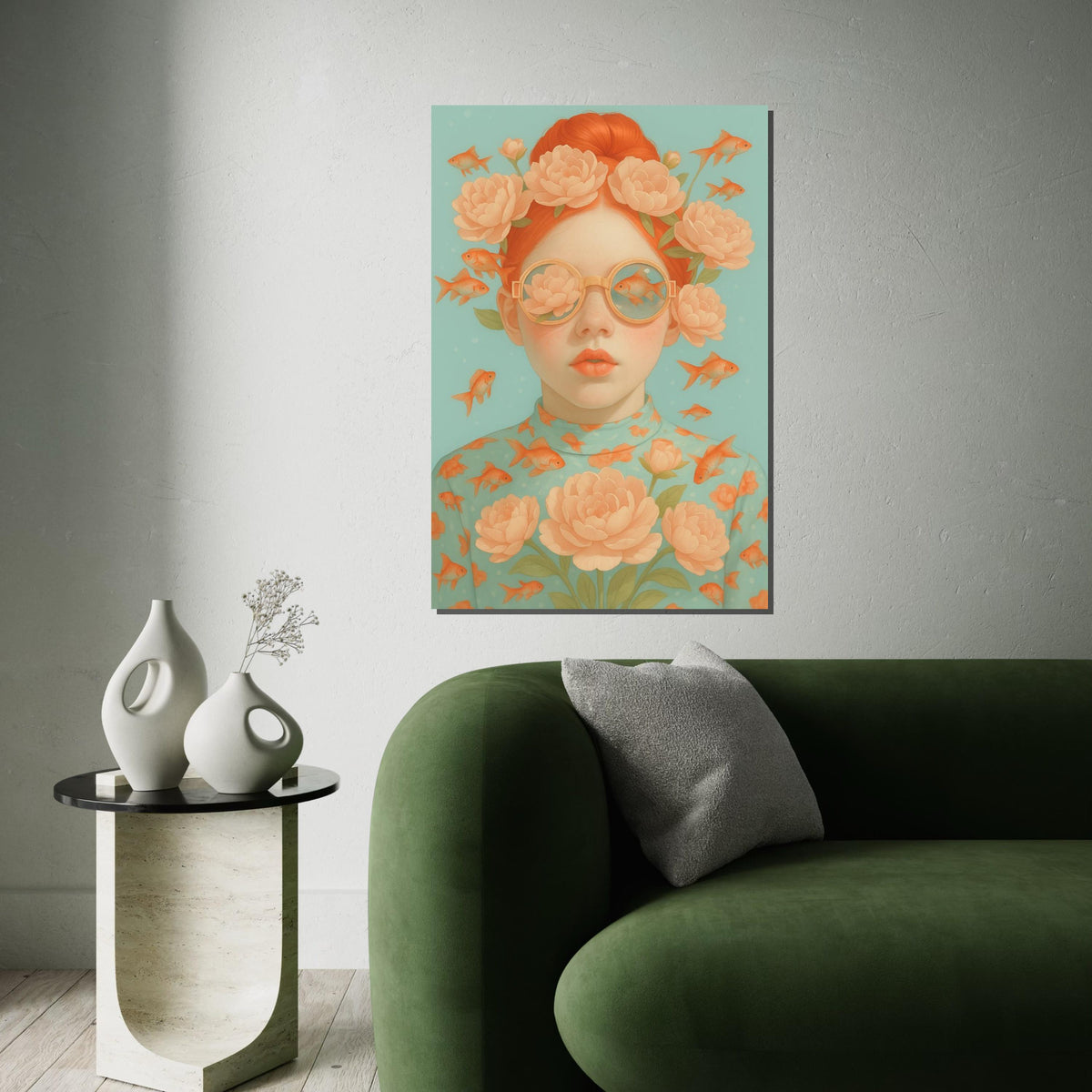 Floral Dream Girl Canvas, Fish and Flowers Wall Art, Whimsical Portrait Design, Surreal Art Canvas, Ready To Hang Home Decor