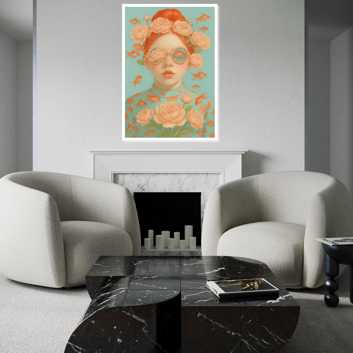 Floral Dream Girl Canvas, Fish and Flowers Wall Art, Whimsical Portrait Design, Surreal Art Canvas, Ready To Hang Home Decor