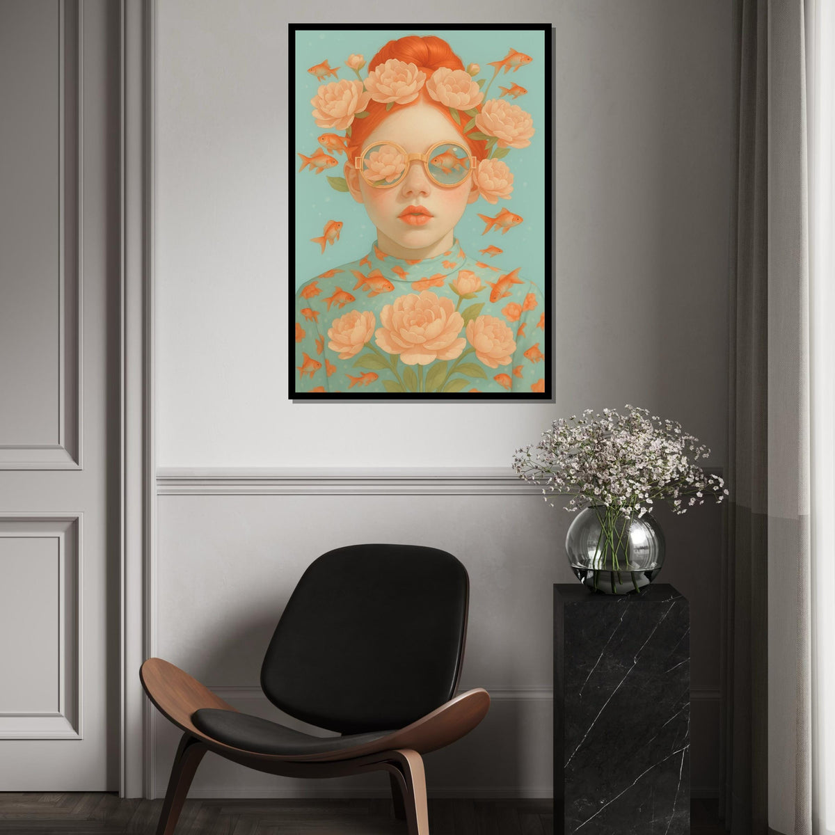Floral Dream Girl Canvas, Fish and Flowers Wall Art, Whimsical Portrait Design, Surreal Art Canvas, Ready To Hang Home Decor