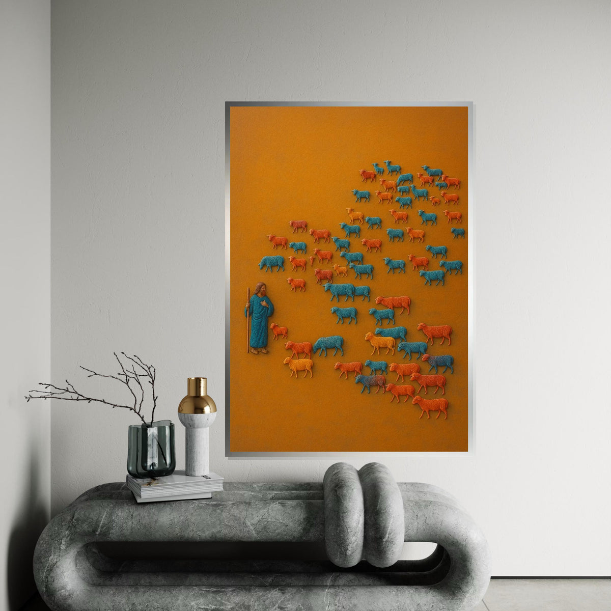 Shepherd Herd Canvas, Colorful Sheep Art, Pastoral Wall Art, Animal Poster, Canvas Design, Ready to Hang Decoration