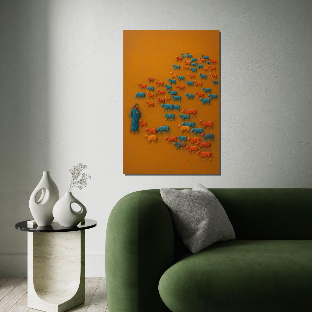 Shepherd Herd Canvas, Colorful Sheep Art, Pastoral Wall Art, Animal Poster, Canvas Design, Ready to Hang Decoration