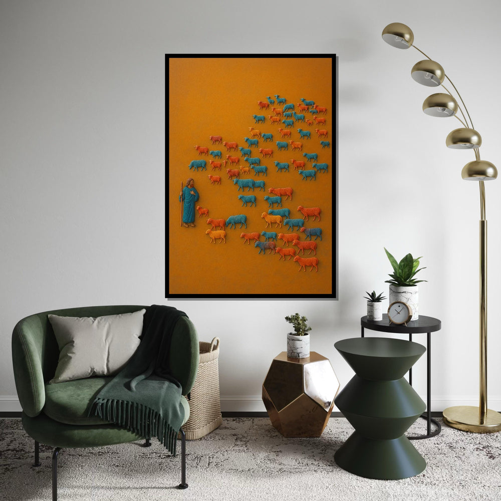 Jesus Wall Art, Shepherd Herd Canvas, Colorful Sheep Art, Pastoral Wall Art, Animal Poster, Canvas Design, Ready to Hang Decoration
