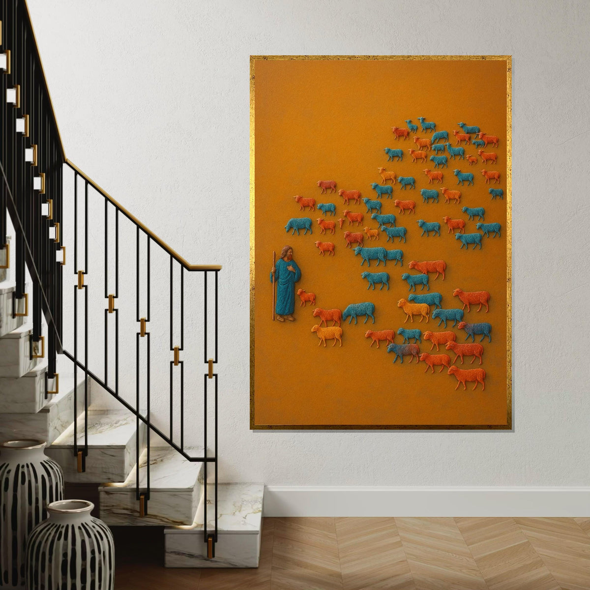 Shepherd Herd Canvas, Colorful Sheep Art, Pastoral Wall Art, Animal Poster, Canvas Design, Ready to Hang Decoration