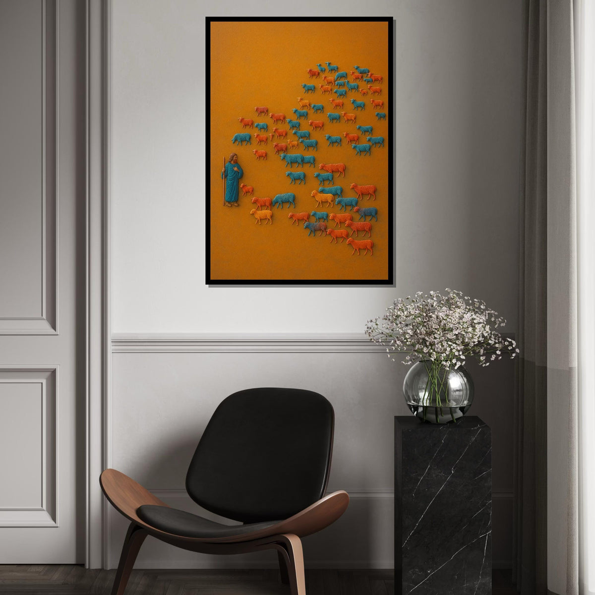 Shepherd Herd Canvas, Colorful Sheep Art, Pastoral Wall Art, Animal Poster, Canvas Design, Ready to Hang Decoration