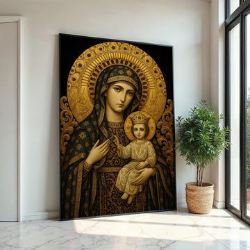 Holy Mary and Baby Jesus Icon, Religious Wall Art, Byzantine Style Virgin Mary Canvas, Christian Home Decor, Catholic Sacred Art Print