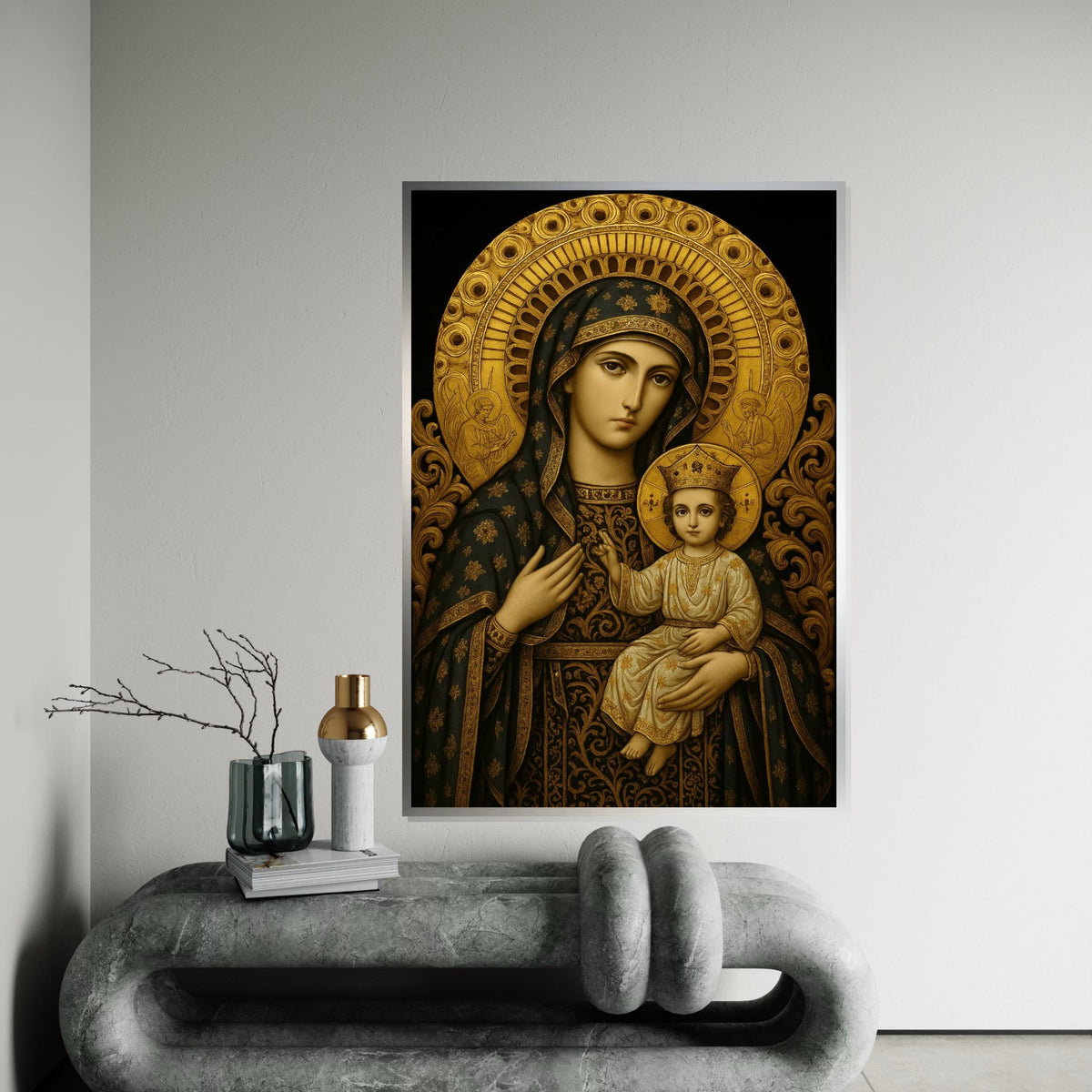 Holy Mary and Baby Jesus Icon, Religious Wall Art, Byzantine Style Virgin Mary Canvas, Christian Home Decor, Catholic Sacred Art Print