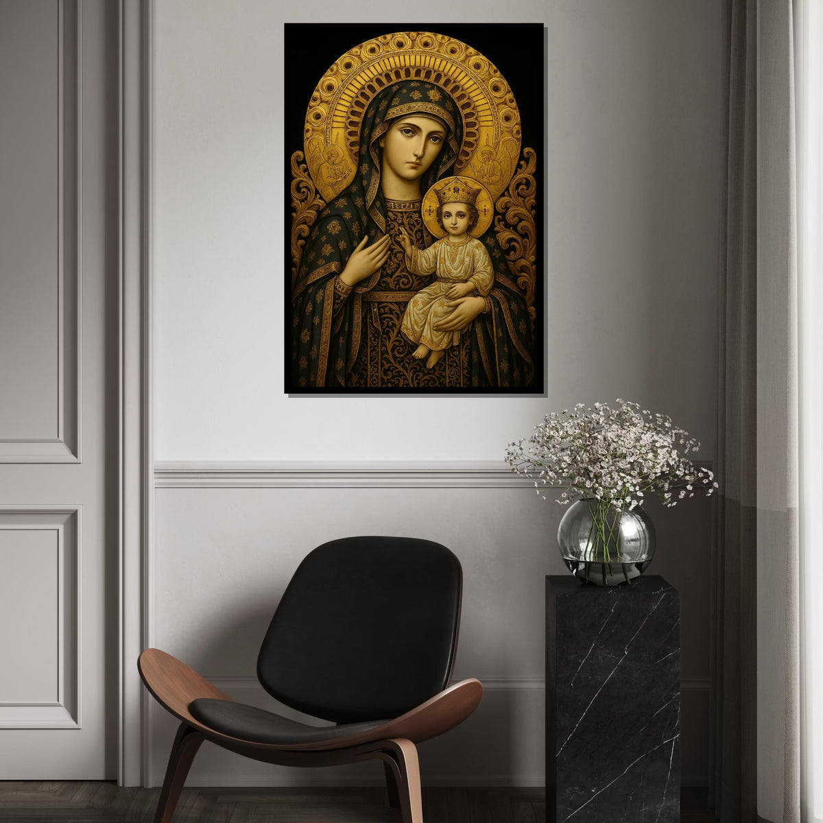 Holy Mary and Baby Jesus Icon, Religious Wall Art, Byzantine Style Virgin Mary Canvas, Christian Home Decor, Catholic Sacred Art Print