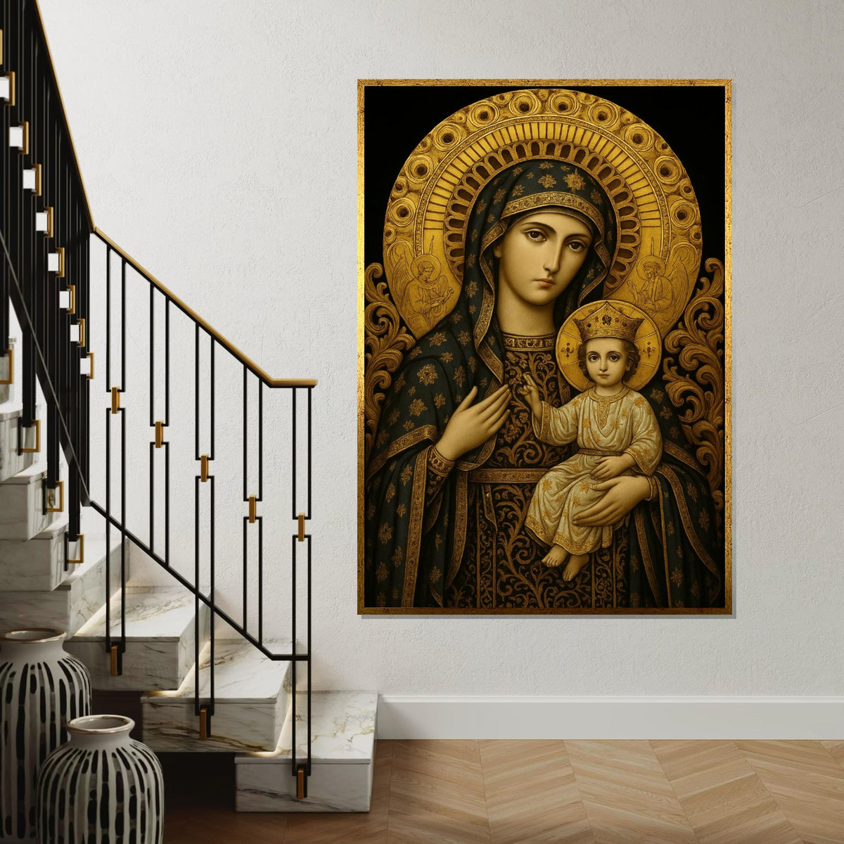 Holy Mary and Baby Jesus Icon, Religious Wall Art, Byzantine Style Virgin Mary Canvas, Christian Home Decor, Catholic Sacred Art Print