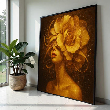 Golden Flower Woman Canvas, Floral Headpiece Art, Elegant Portrait Print, Sparkle Wall Art Canvas, Ready To Hang Decorative Design
