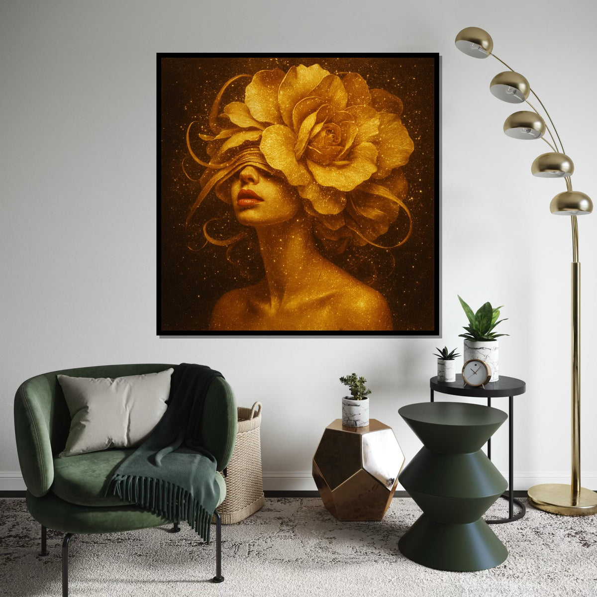 Golden Flower Woman Canvas, Floral Headpiece Art, Elegant Portrait Print, Sparkle Wall Art Canvas, Ready To Hang Decorative Design