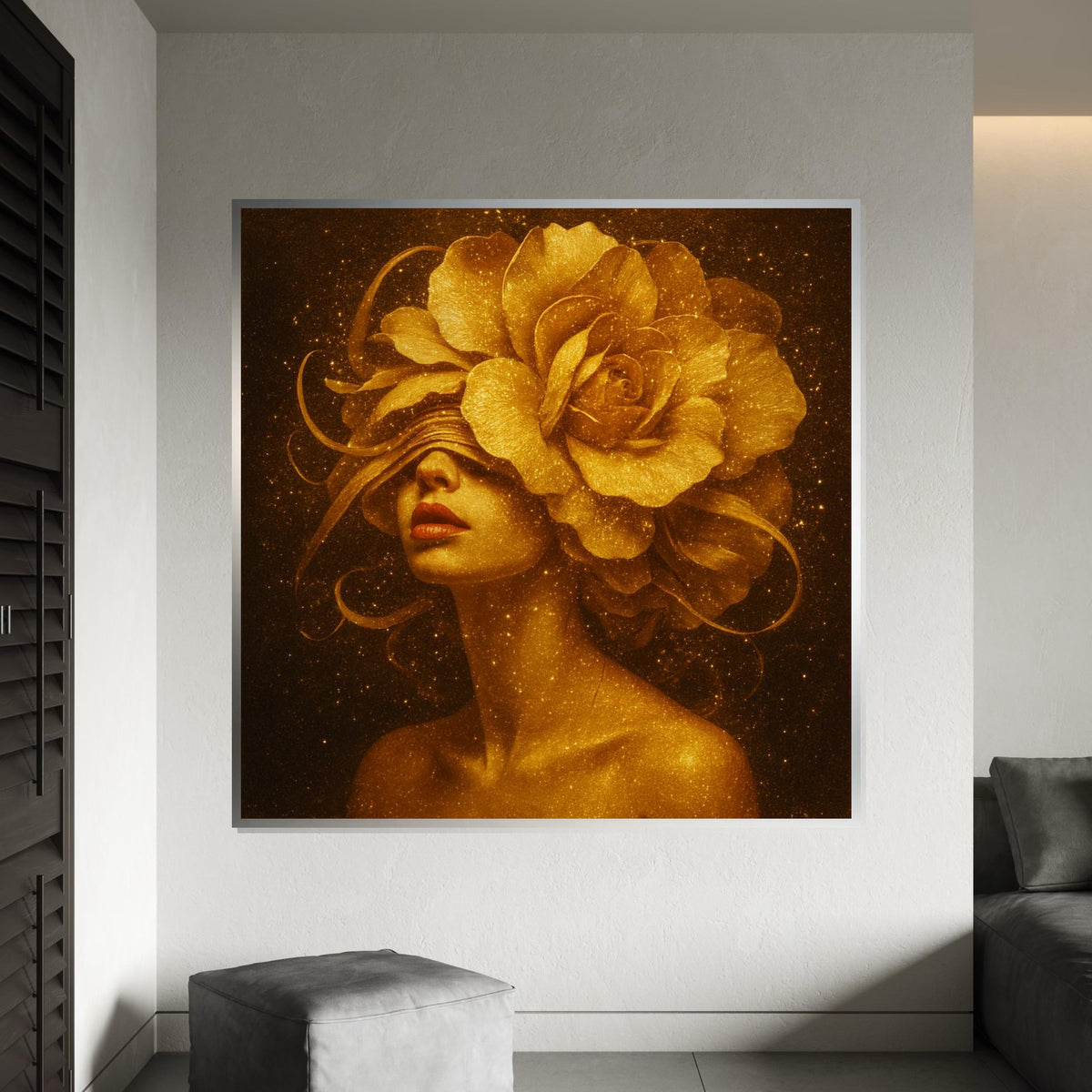 Golden Flower Woman Canvas, Floral Headpiece Art, Elegant Portrait Print, Sparkle Wall Art Canvas, Ready To Hang Decorative Design