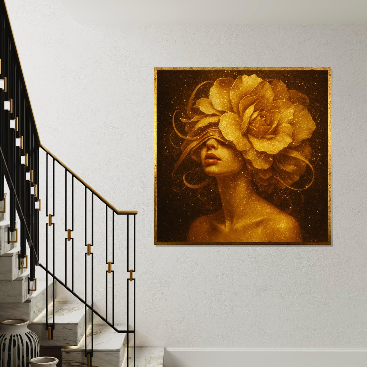 Golden Flower Woman Canvas, Floral Headpiece Art, Elegant Portrait Print, Sparkle Wall Art Canvas, Ready To Hang Decorative Design