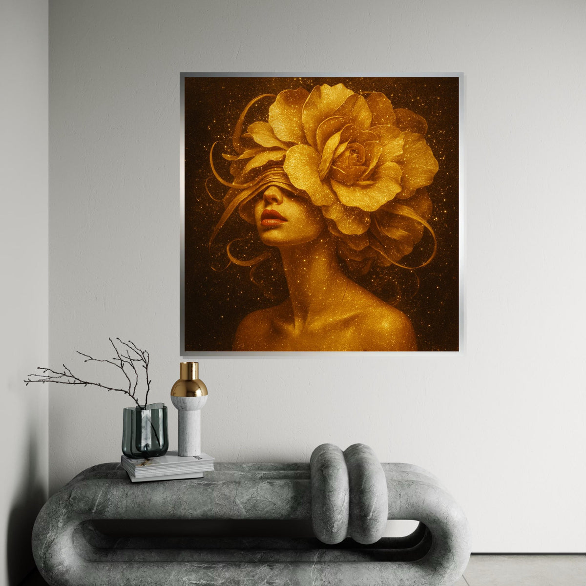 Golden Flower Woman Canvas, Floral Headpiece Art, Elegant Portrait Print, Sparkle Wall Art Canvas, Ready To Hang Decorative Design