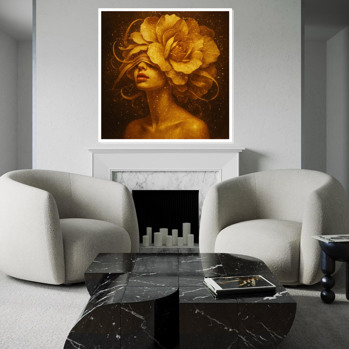 Golden Flower Woman Canvas, Floral Headpiece Art, Elegant Portrait Print, Sparkle Wall Art Canvas, Ready To Hang Decorative Design