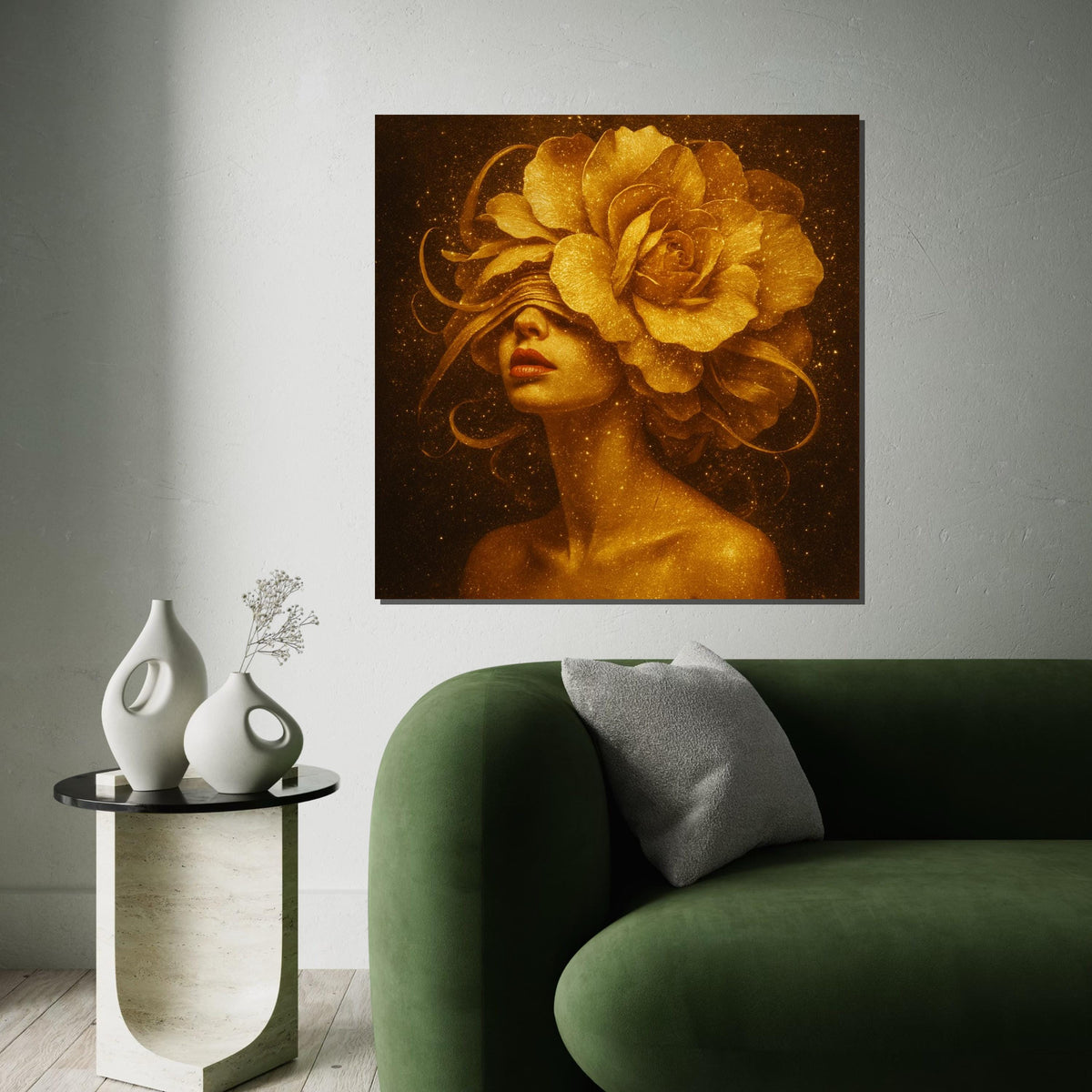 Golden Flower Woman Canvas, Floral Headpiece Art, Elegant Portrait Print, Sparkle Wall Art Canvas, Ready To Hang Decorative Design