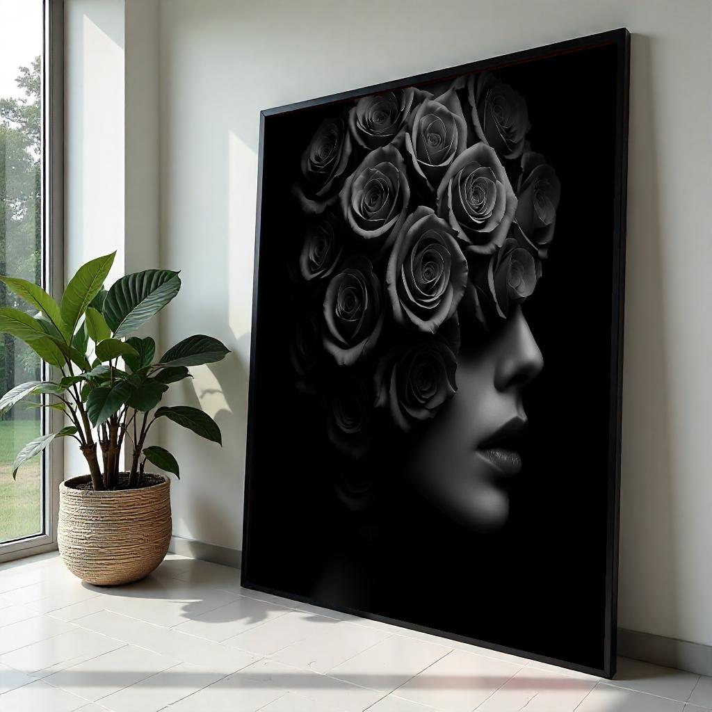 Rose Head Art, Black and White Floral Portrait, Surreal Flower Canvas, Wall Art Canvas Design, Ready To Hang Decoration