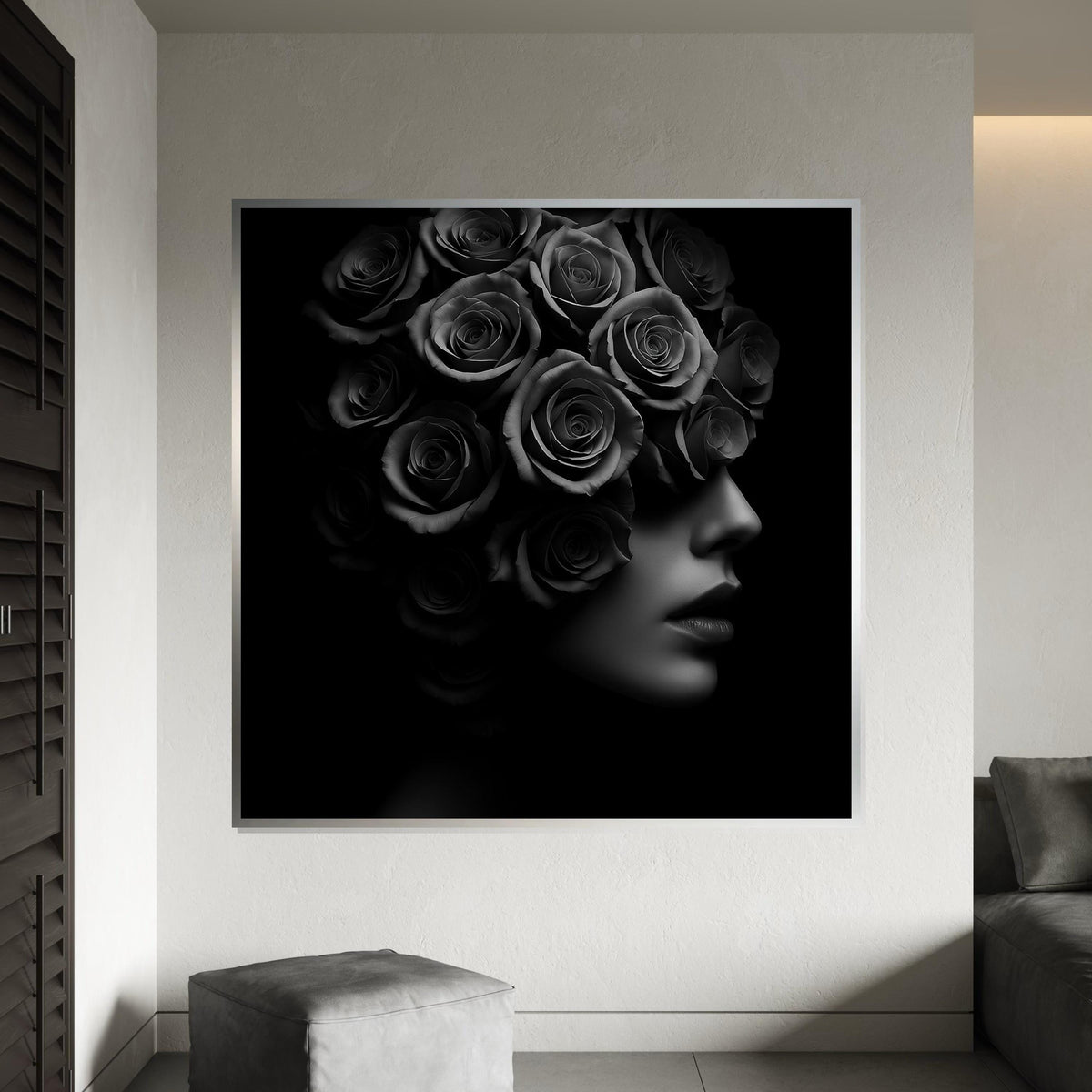 Rose Head Art, Black and White Floral Portrait, Surreal Flower Canvas, Wall Art Canvas Design, Ready To Hang Decoration