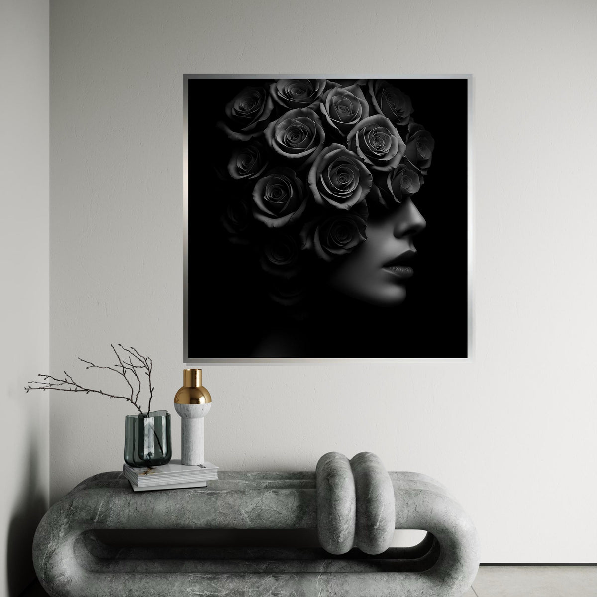 Rose Head Art, Black and White Floral Portrait, Surreal Flower Canvas, Wall Art Canvas Design, Ready To Hang Decoration