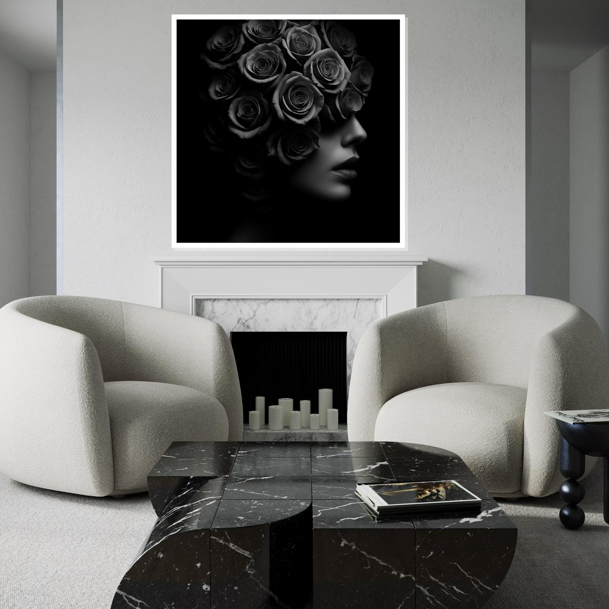 Rose Head Art, Black and White Floral Portrait, Surreal Flower Canvas, Wall Art Canvas Design, Ready To Hang Decoration