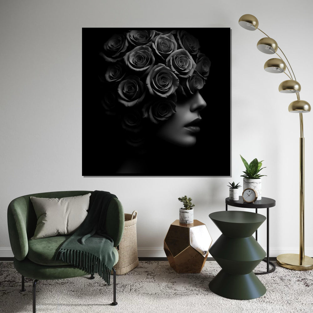 Rose Head Art, Black and White Floral Portrait, Surreal Flower Canvas, Wall Art Canvas Design, Ready To Hang Decoration