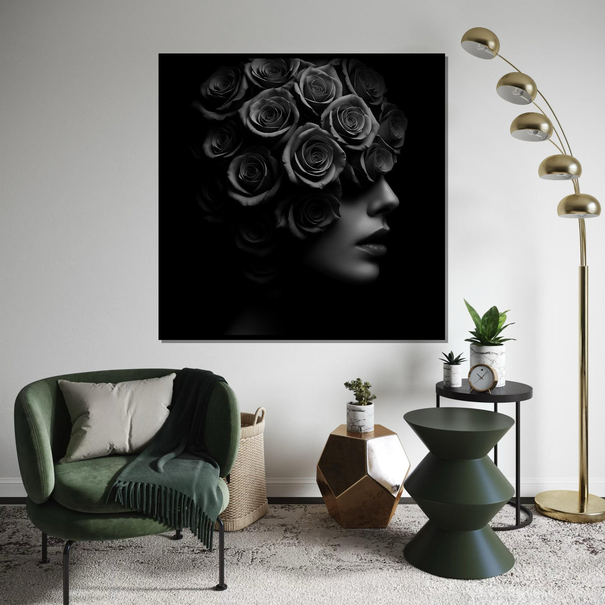 Rose Head Art, Black and White Floral Portrait, Surreal Flower Canvas, Wall Art Canvas Design, Ready To Hang Decoration