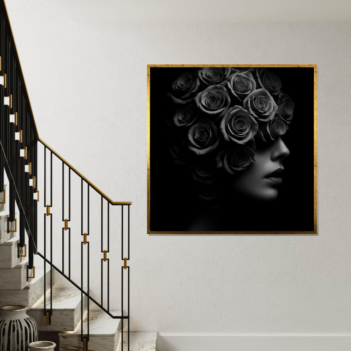 Rose Head Art, Black and White Floral Portrait, Surreal Flower Canvas, Wall Art Canvas Design, Ready To Hang Decoration