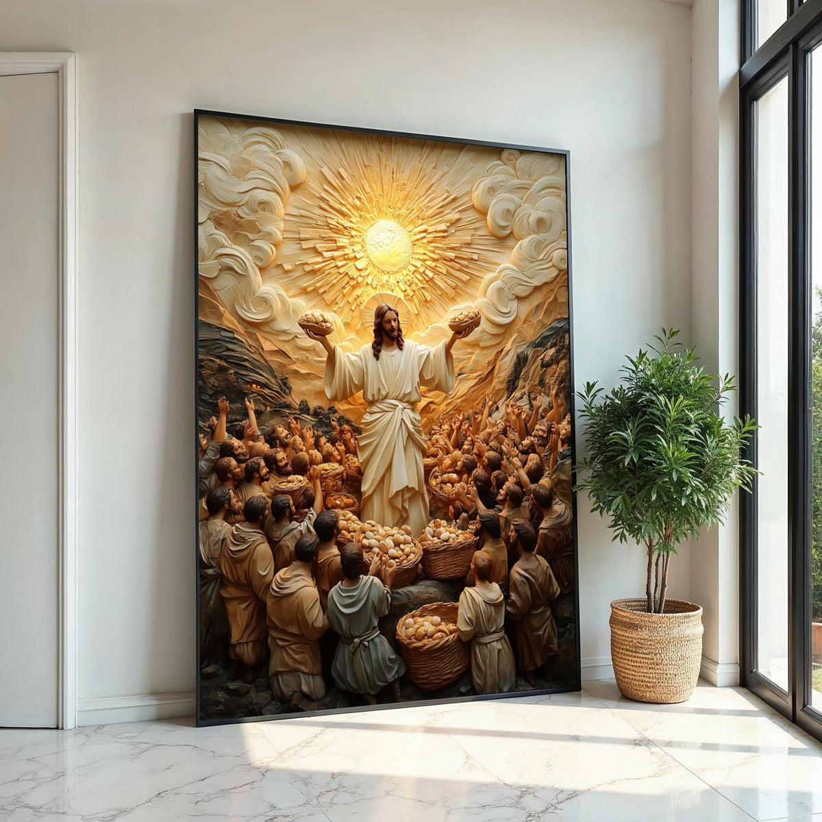 Divine Miracle Canvas Art, Bread and Fish Multiplication, Religious Wall Art, Heavenly Light, Spiritual Decor, Ready To Hang Canvas Piece
