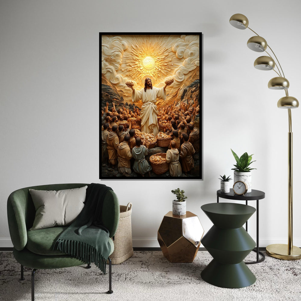Divine Miracle Canvas Art, Bread and Fish Multiplication, Religious Wall Art, Heavenly Light, Spiritual Decor, Ready To Hang Canvas Piece