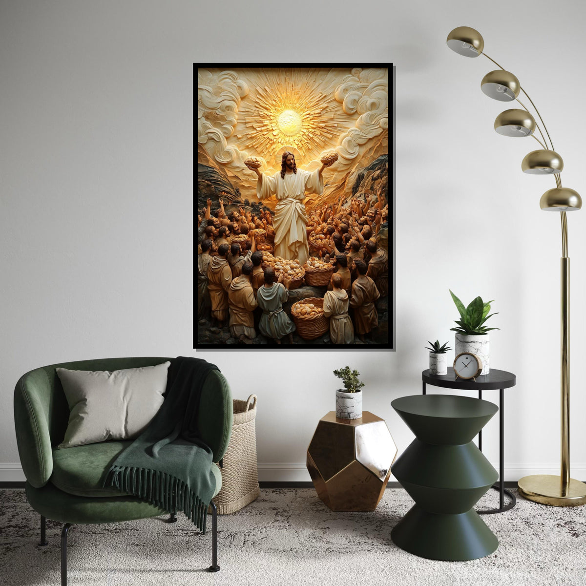 Divine Miracle Canvas Art, Bread and Fish Multiplication, Religious Wall Art, Heavenly Light, Spiritual Decor, Ready To Hang Canvas Piece