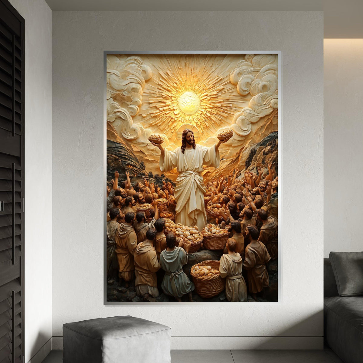 Divine Miracle Canvas Art, Bread and Fish Multiplication, Religious Wall Art, Heavenly Light, Spiritual Decor, Ready To Hang Canvas Piece