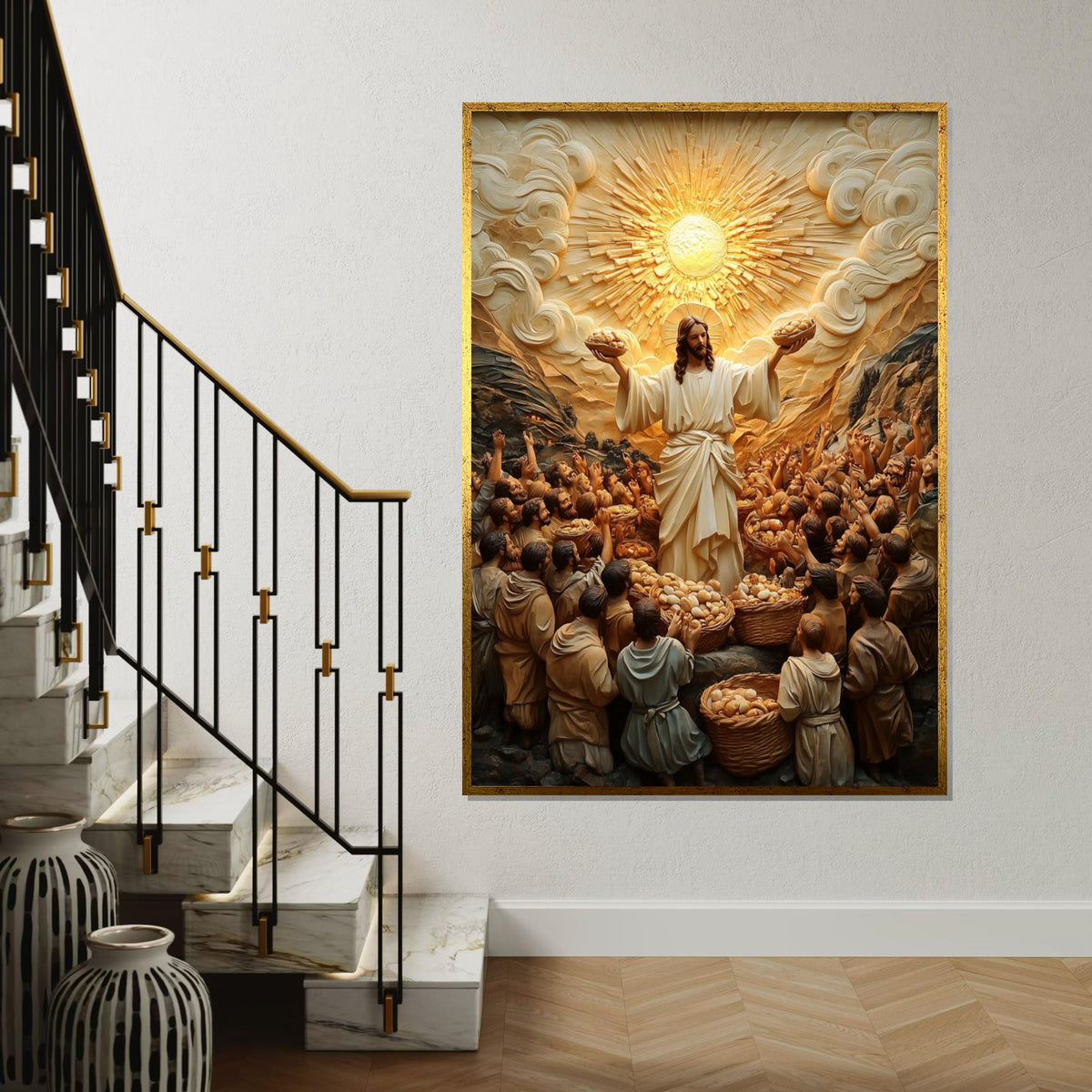 Divine Miracle Canvas Art, Bread and Fish Multiplication, Religious Wall Art, Heavenly Light, Spiritual Decor, Ready To Hang Canvas Piece