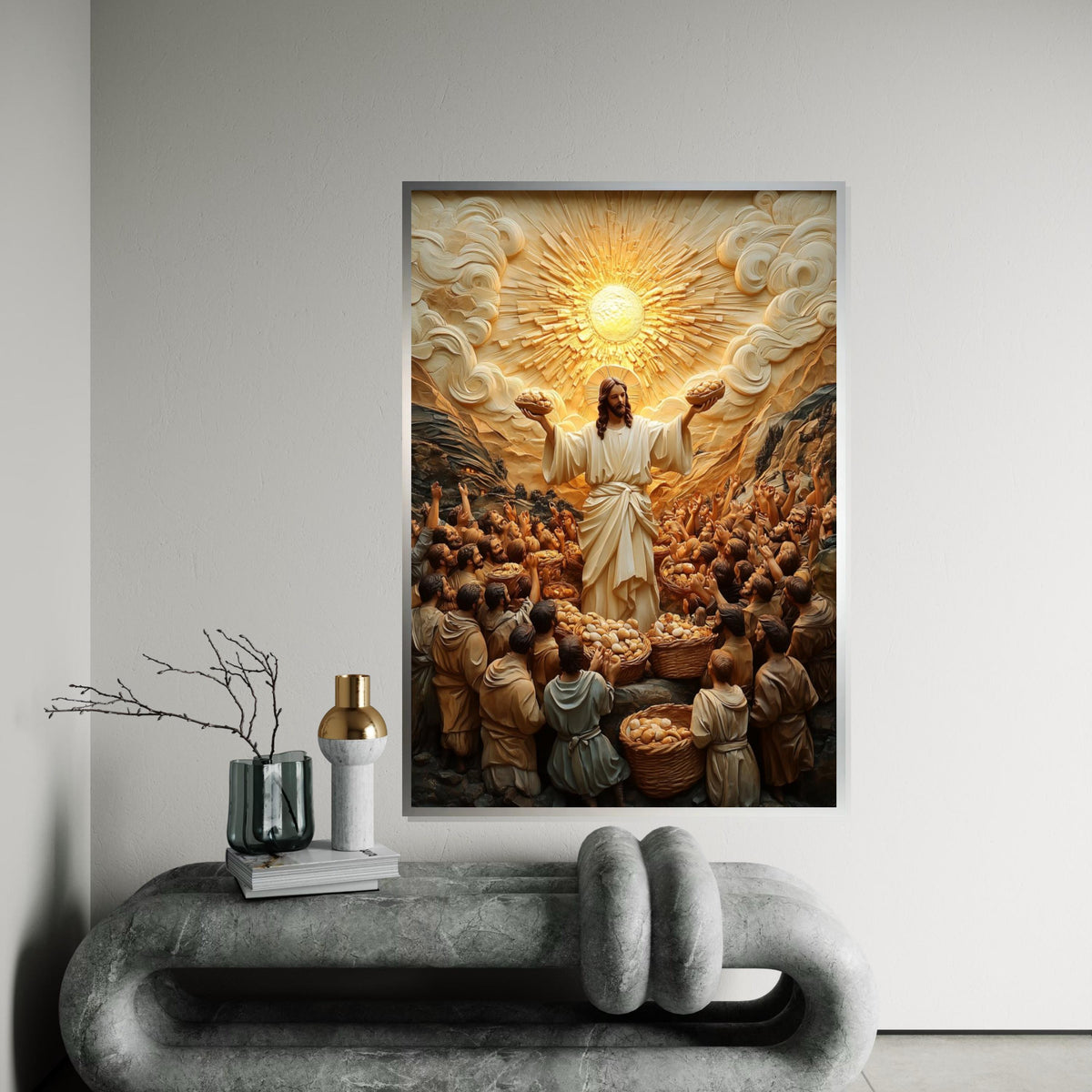 Divine Miracle Canvas Art, Bread and Fish Multiplication, Religious Wall Art, Heavenly Light, Spiritual Decor, Ready To Hang Canvas Piece