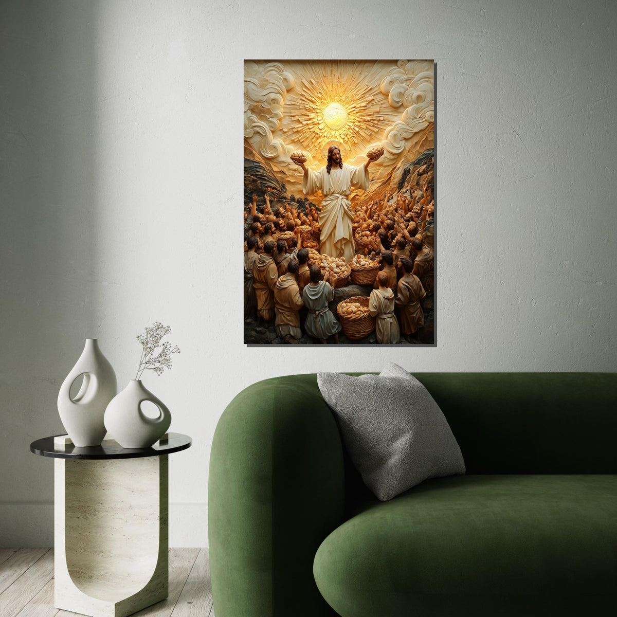Divine Miracle Canvas Art, Bread and Fish Multiplication, Religious Wall Art, Heavenly Light, Spiritual Decor, Ready To Hang Canvas Piece