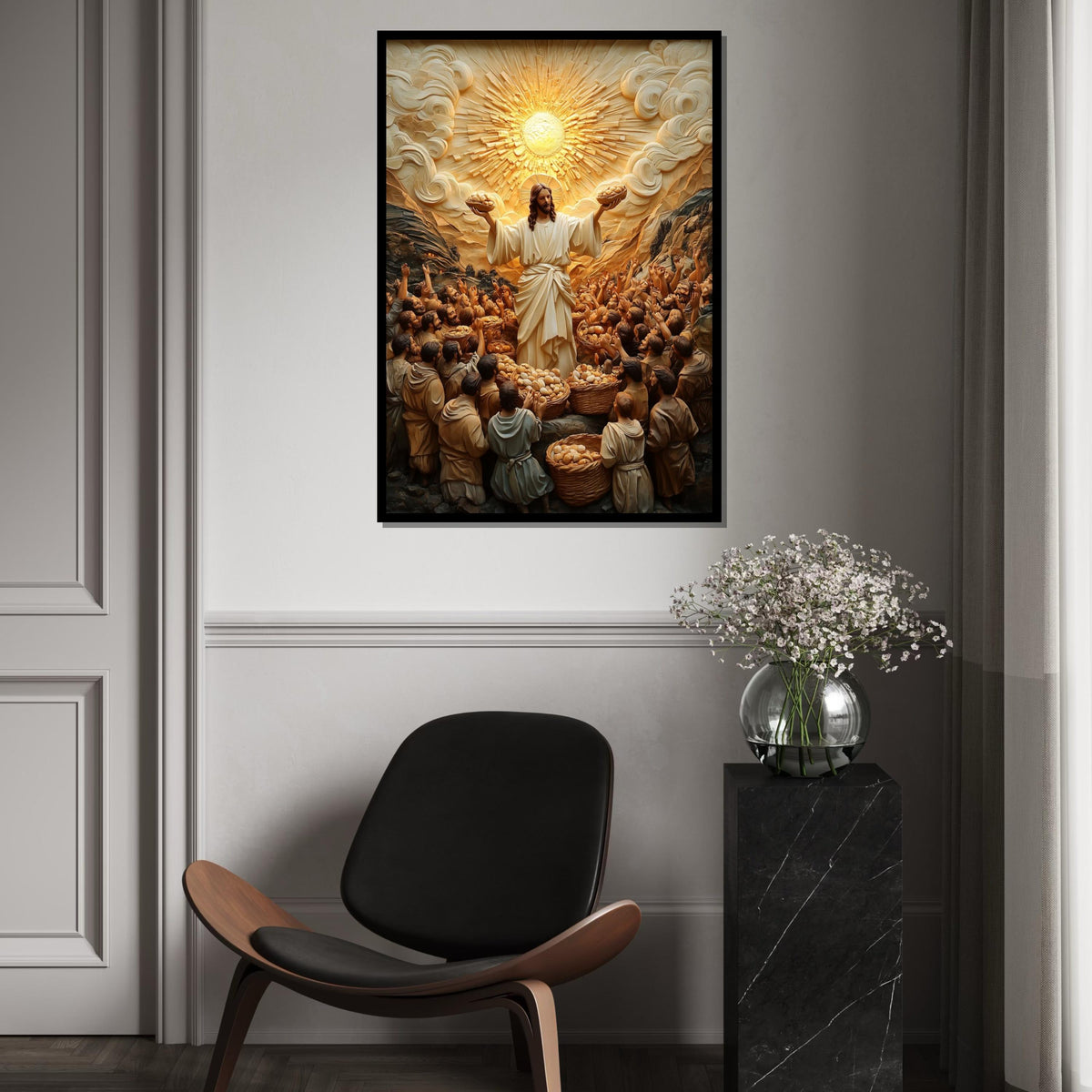 Divine Miracle Canvas Art, Bread and Fish Multiplication, Religious Wall Art, Heavenly Light, Spiritual Decor, Ready To Hang Canvas Piece