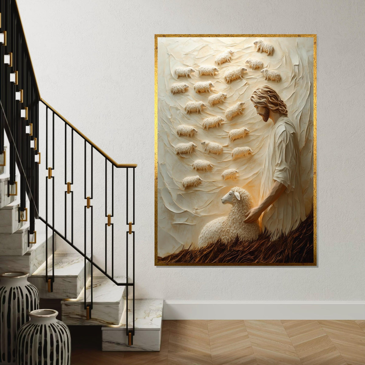 Good Shepherd Canvas, Jesus with Sheep Art, Religious Wall Art, Spiritual Canvas Design, Ready to Hang Home Decor