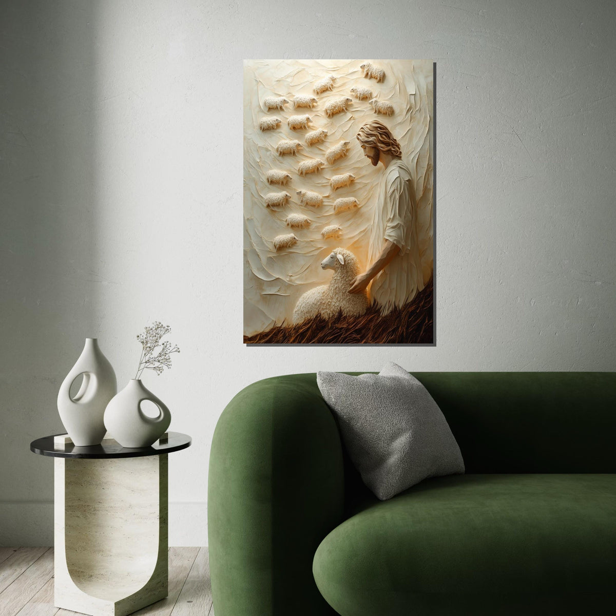 Good Shepherd Canvas, Jesus with Sheep Art, Religious Wall Art, Spiritual Canvas Design, Ready to Hang Home Decor