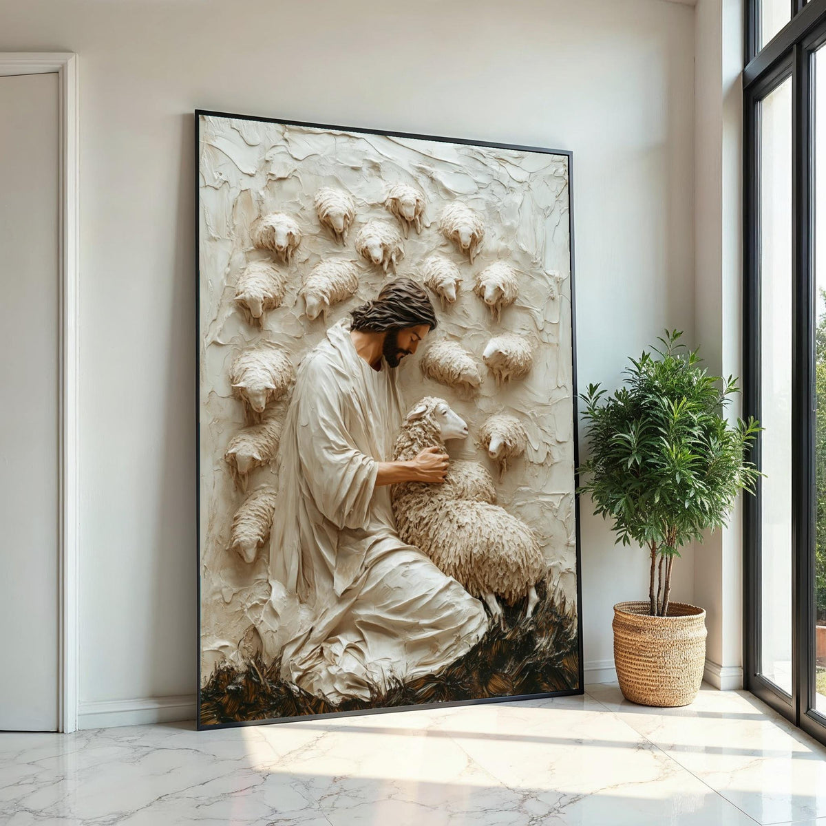 Shepherd Embrace Canvas, Peaceful Shepherd Wall Art, Lamb and Shepherd Print, Wall Art Canvas Design, Ready To Hang Decoration