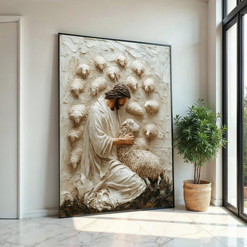 Shepherd Embrace Canvas, Peaceful Shepherd Wall Art, Lamb and Shepherd Print, Wall Art Canvas Design, Ready To Hang Decoration