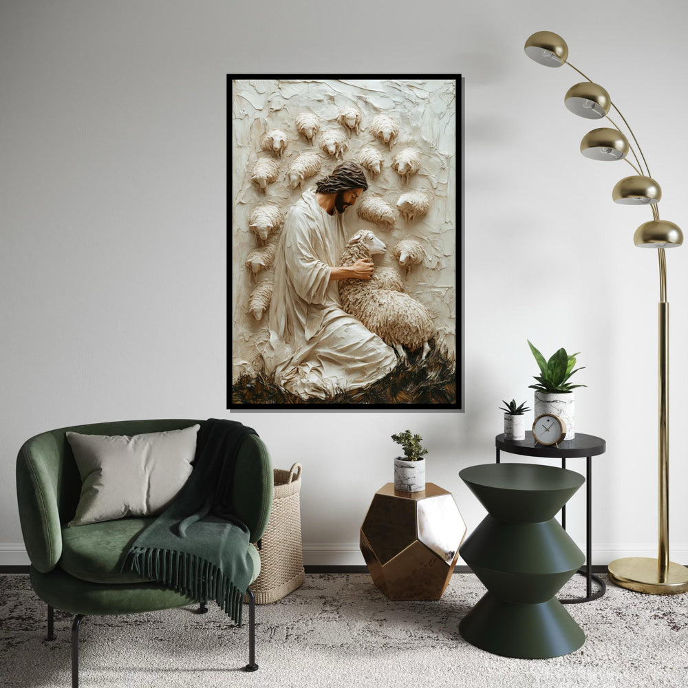 Shepherd Embrace Canvas, Peaceful Shepherd Wall Art, Lamb and Shepherd Print, Wall Art Canvas Design, Ready To Hang Decoration