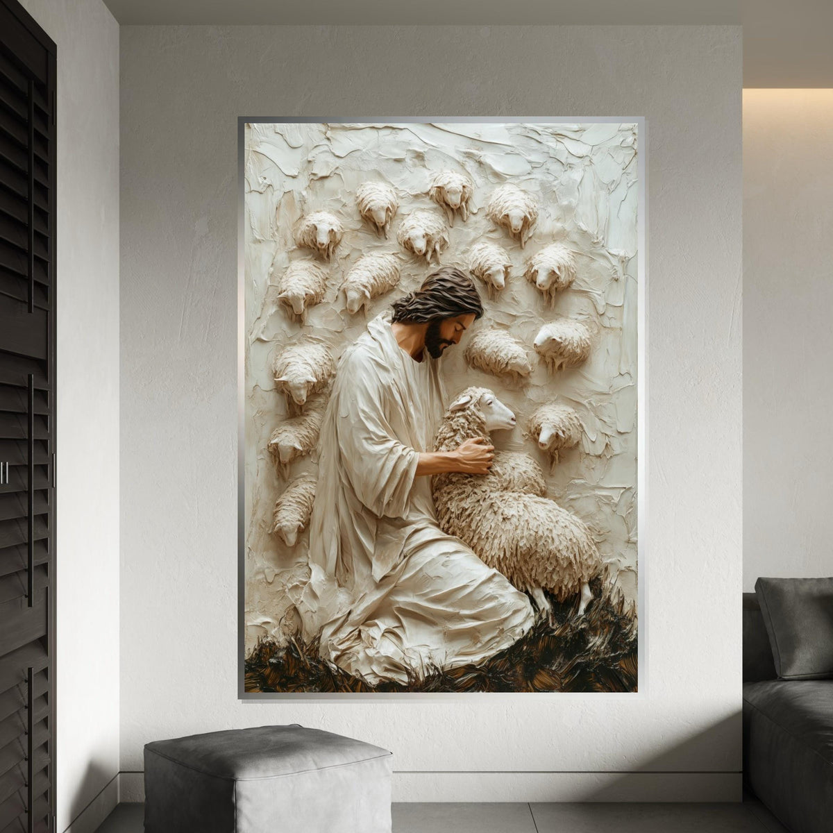 Shepherd Embrace Canvas, Peaceful Shepherd Wall Art, Lamb and Shepherd Print, Wall Art Canvas Design, Ready To Hang Decoration