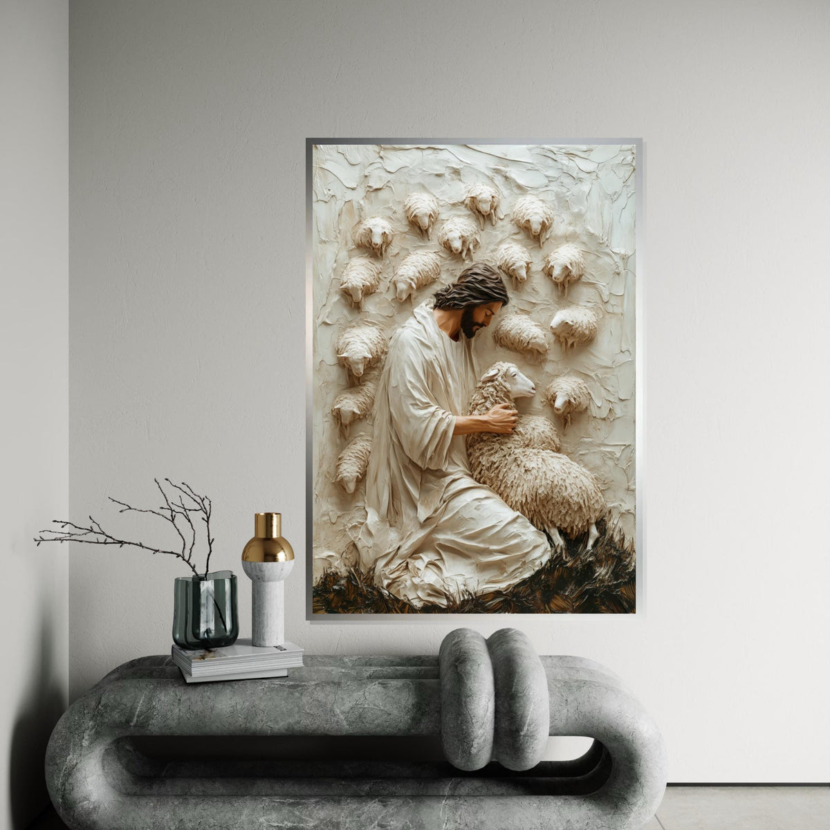 Shepherd Embrace Canvas, Peaceful Shepherd Wall Art, Lamb and Shepherd Print, Wall Art Canvas Design, Ready To Hang Decoration