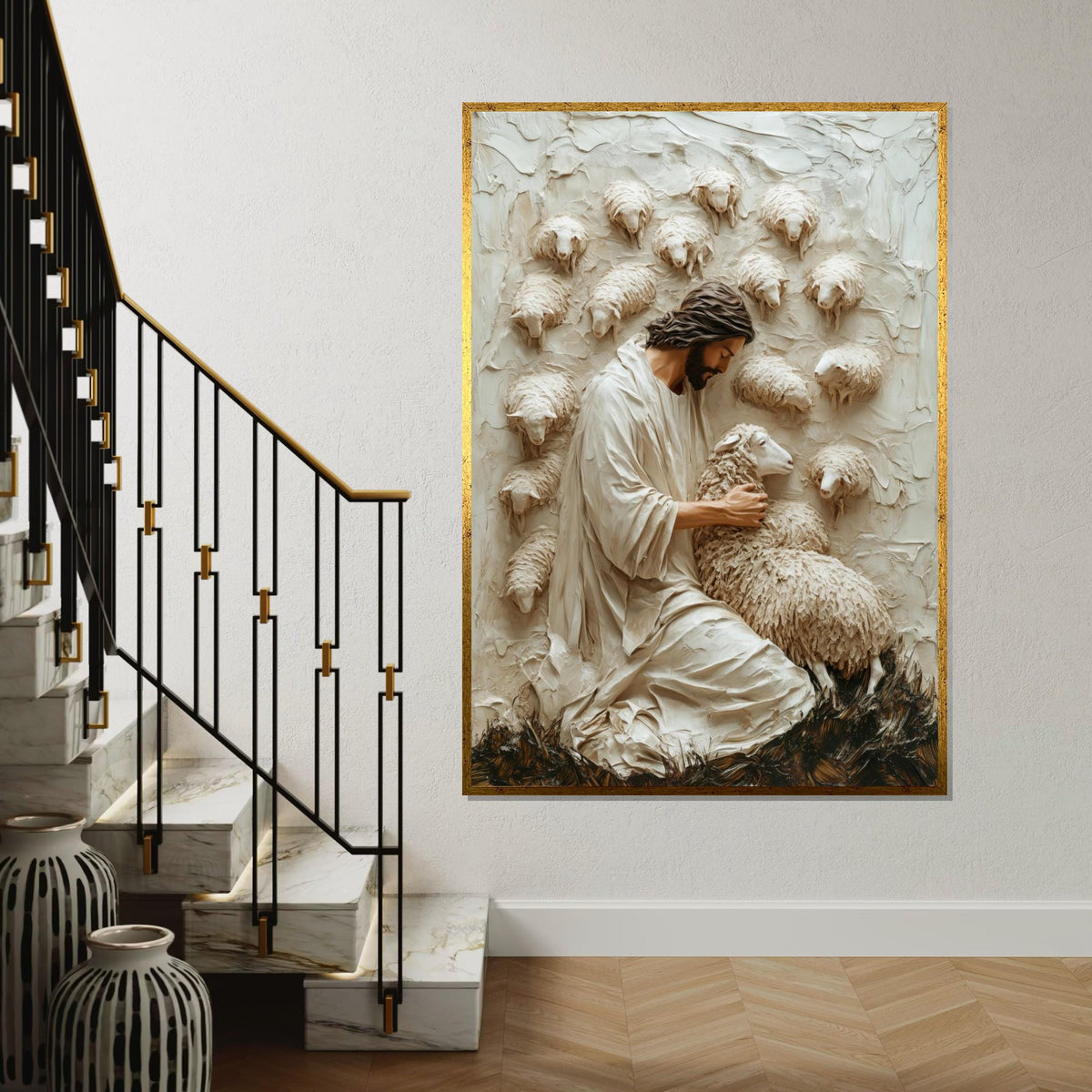 Shepherd Embrace Canvas, Peaceful Shepherd Wall Art, Lamb and Shepherd Print, Wall Art Canvas Design, Ready To Hang Decoration