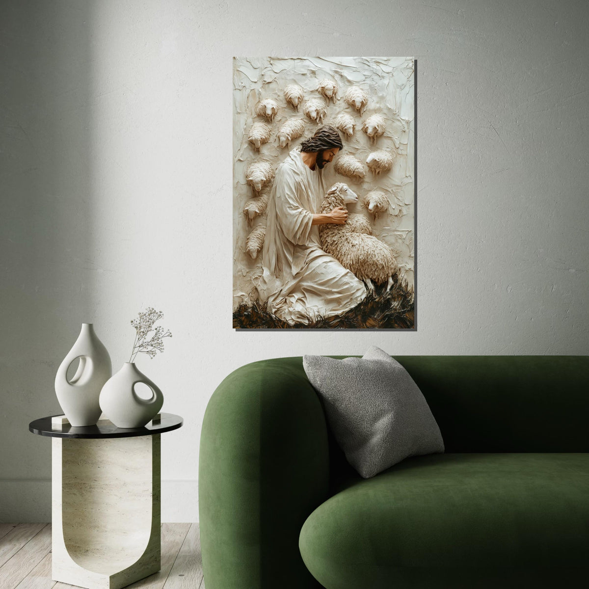 Shepherd Embrace Canvas, Peaceful Shepherd Wall Art, Lamb and Shepherd Print, Wall Art Canvas Design, Ready To Hang Decoration