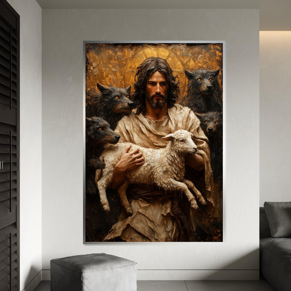 Heres a suitable name for the artwork Shepherd with Lamb Canvas, Spiritual Protector Art, Reflective Wall Canvas, Animal Painting, Wall