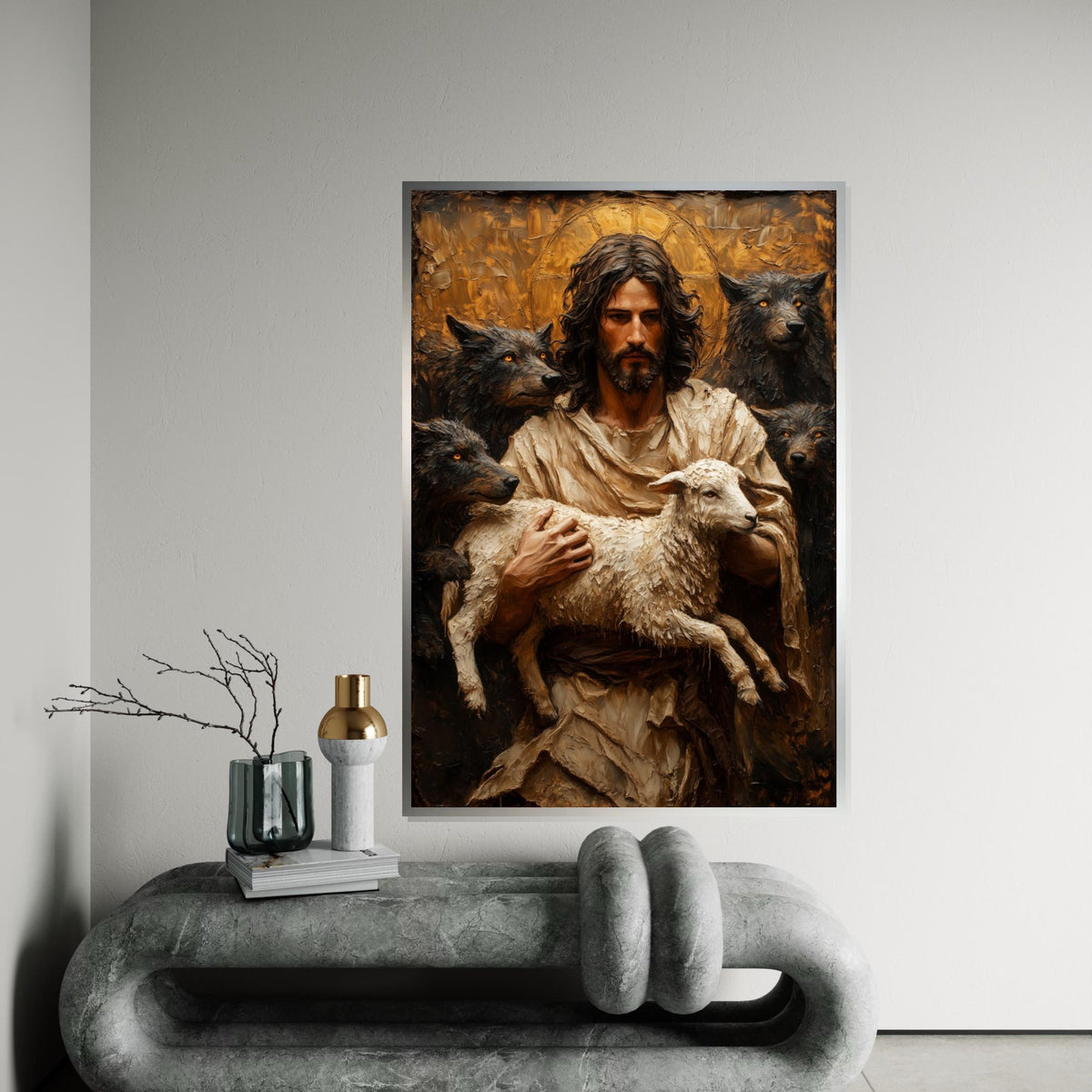 Heres a suitable name for the artwork Shepherd with Lamb Canvas, Spiritual Protector Art, Reflective Wall Canvas, Animal Painting, Wall