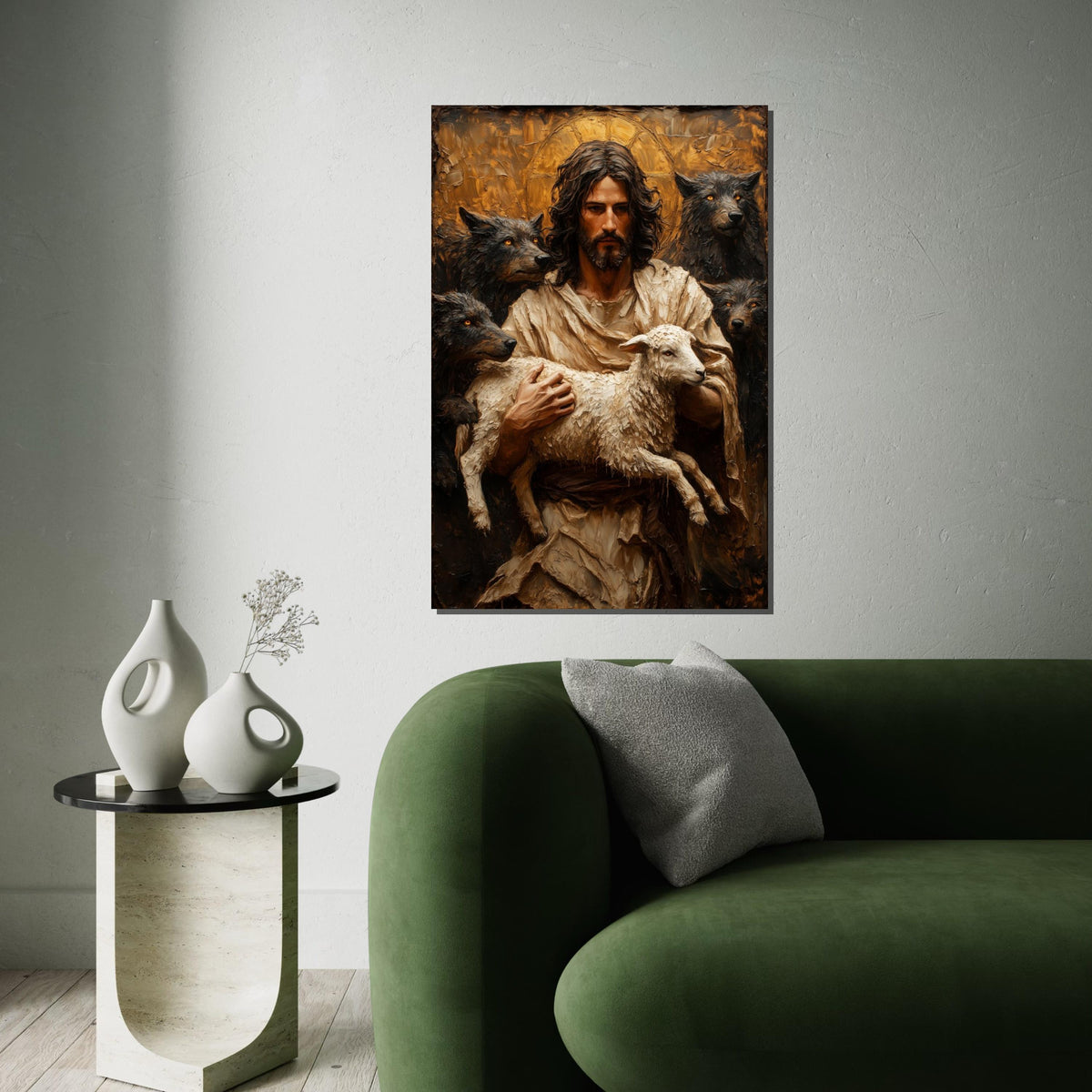 Heres a suitable name for the artwork Shepherd with Lamb Canvas, Spiritual Protector Art, Reflective Wall Canvas, Animal Painting, Wall