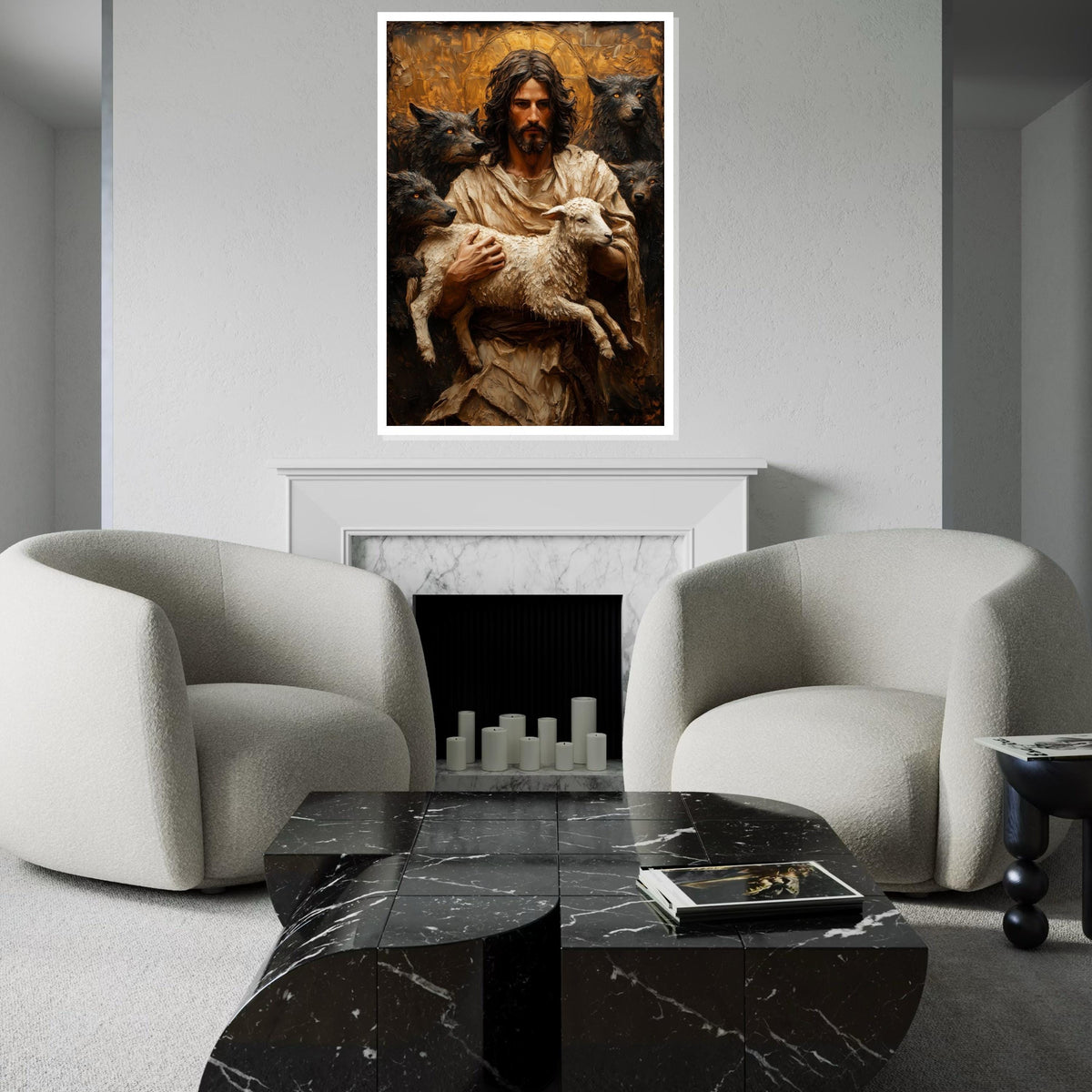 Heres a suitable name for the artwork Shepherd with Lamb Canvas, Spiritual Protector Art, Reflective Wall Canvas, Animal Painting, Wall