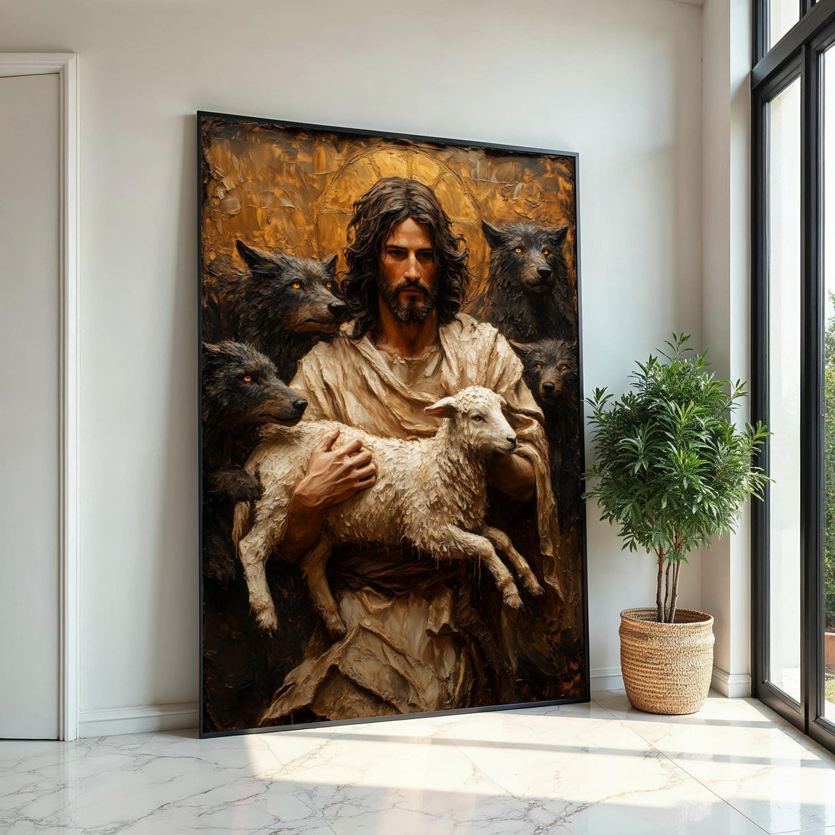 Heres a suitable name for the artwork Shepherd with Lamb Canvas, Spiritual Protector Art, Reflective Wall Canvas, Animal Painting, Wall