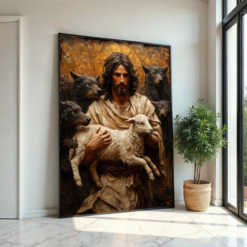 Heres a suitable name for the artwork Shepherd with Lamb Canvas, Spiritual Protector Art, Reflective Wall Canvas, Animal Painting, Wall