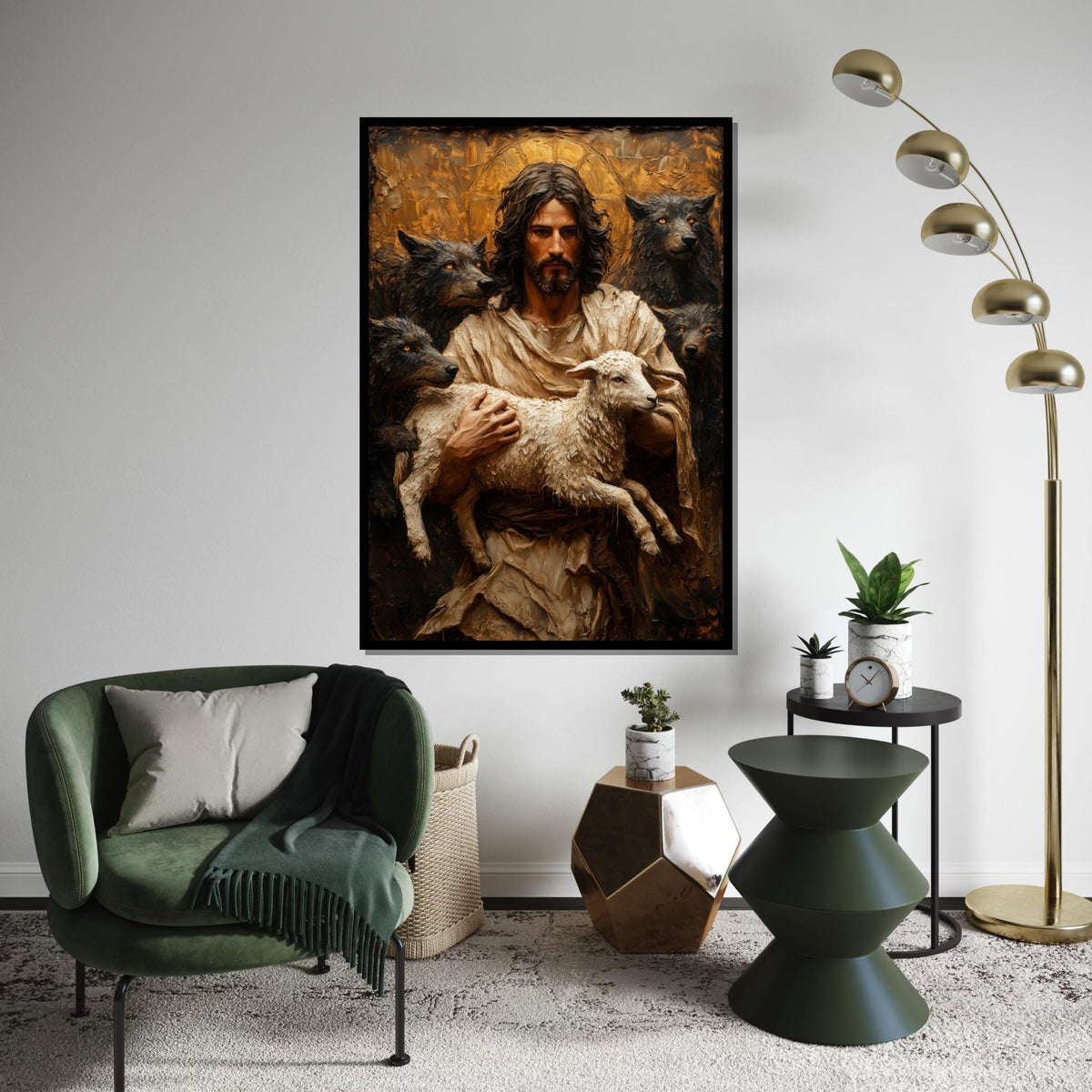 Heres a suitable name for the artwork Shepherd with Lamb Canvas, Spiritual Protector Art, Reflective Wall Canvas, Animal Painting, Wall